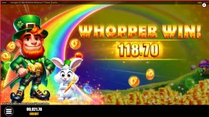 Harrigan & Hare Rainbow Bonanza Power Combo slot machine interface with leprechaun theme