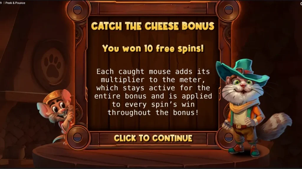 Tampilan visual slot Peek & Pounce dengan kucing dan tikus