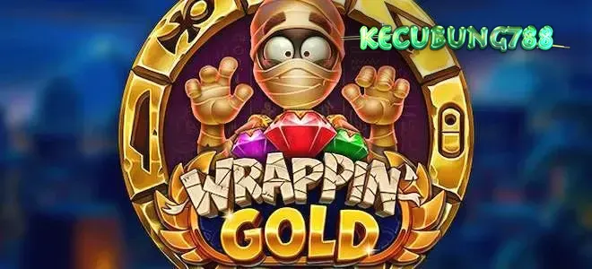 Karakter mumi Khufu dalam slot Wrappin Gold dengan latar belakang makam Mesir kuno.